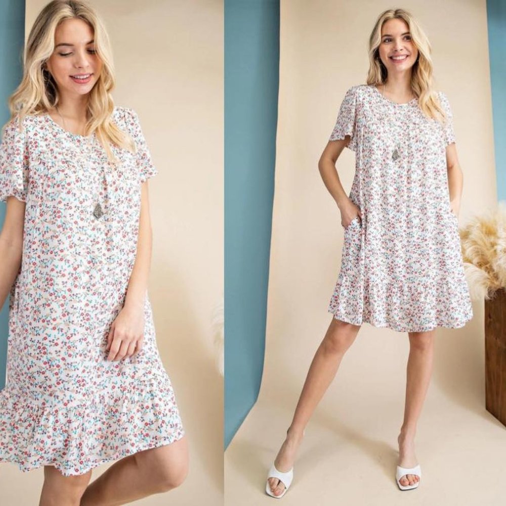 AIRY FLOWER PRINT RUFFLE MINI DRESS WITH POCKETS
